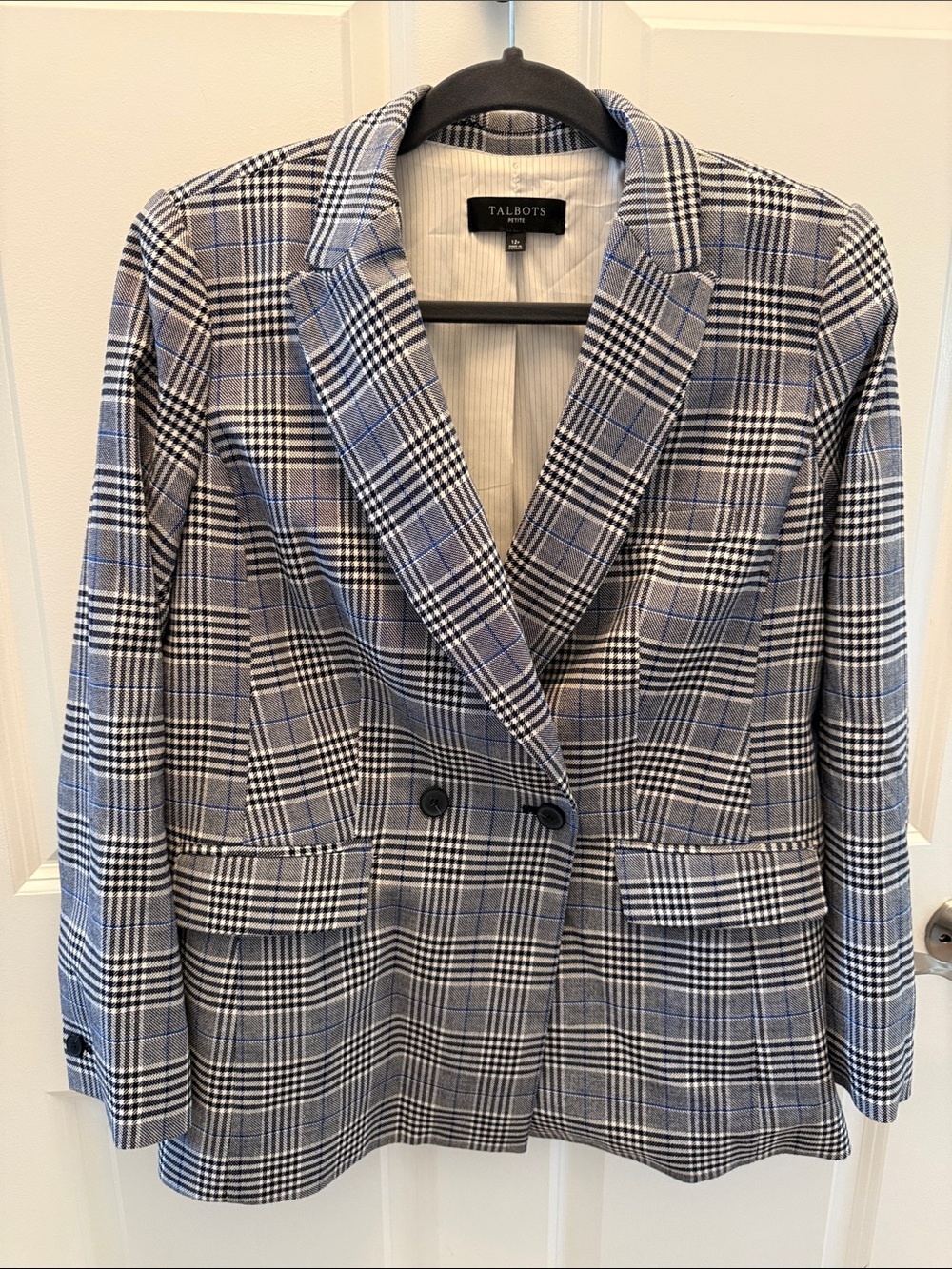 Talbots Gray and Black Plaid Double-Breasted Blazer